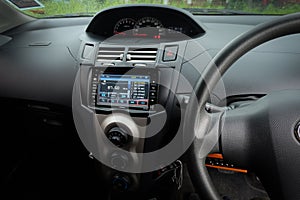 Modern car interior. Smart multimedia touchscreen system for automobile.