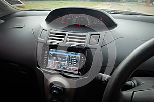 Modern car interior. Smart multimedia touchscreen system for automobile.