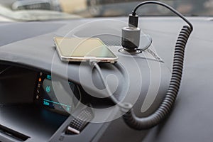 Modern car interior with smart phone