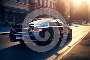 Modern car on the road in the rays of the setting sun. generative ai