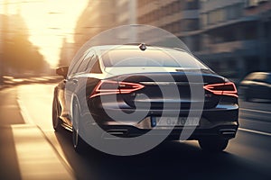 Modern car on the road in the rays of the setting sun. generative ai