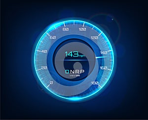 Modern car speedometer. Futuristic speedometer and tachometer for car with speed in miles and transfer, blue color. HUD
