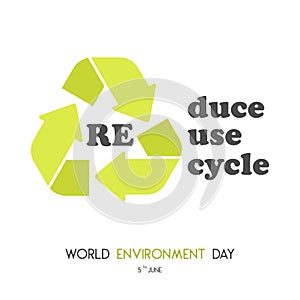 Modern card with recycle sign and hand drawn lettering in minimalist style for World environment day. Reduce, reuse