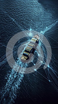 Modern cargo ship with abstract luminous pathways