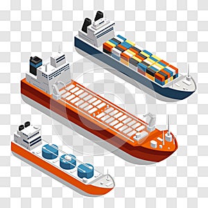 Modern cargo ships isometric vector design. Set of transportation ships isolated on transparent background