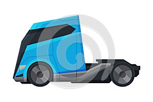 Modern Cargo Truck, Blue Heavy Delivering Vehicle, Side View Flat Vector Illustration on White Background