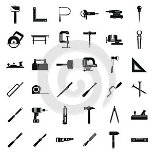 Modern carpenter tools icons set, simple style