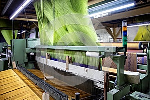 Modern Carpet weaving factory. Carpet making machine needle. Yarn bobbins attached to a carpet weaving machine. Inside Interior of