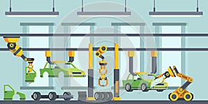 Modern cars manufacturing process flat vector illustration