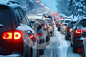 Modern cars are stuck in a traffic jam on a highway in winter