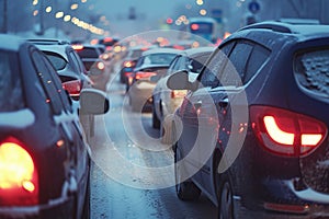 Modern cars are stuck in a traffic jam on a highway in winter