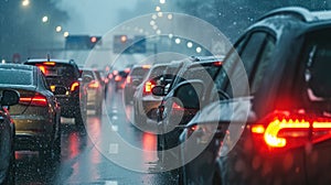 Modern cars are stuck in a traffic jam on a highway in winter