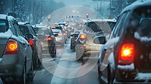 Modern cars are stuck in a traffic jam on a highway in winter