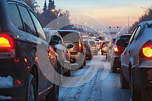 Modern cars are stuck in a traffic jam on a highway in winter