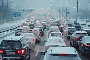 Modern cars are stuck in a traffic jam on a highway in winter