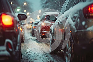 Modern cars are stuck in a traffic jam in winter