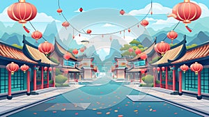 In this modern cartoon, a Chinese and Asian village is shown with traditional houses and festival lanterns on the street