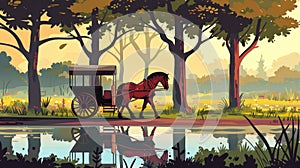 Modern cartoon fairytale illustration of summer park landscape with lake and retro horse coach. Detail of horse drawn