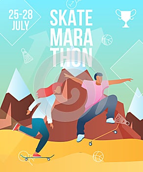 Modern cartoon flat characters,summer sport activity,landing page,skate marathon poster banner flyer,web online concept