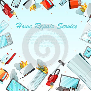 Modern cartoon flat home repair service concept-damaged consumer electronics appliances around ready to use copy space