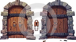 Modern cartoon icon set of old wooden doors in medieval houses, castles and dungeons. Stone wall closed with padlock