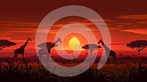 Modern cartoon illustration of african savanna landscape at sunset with silhouettes of giraffes, acacia trees and green