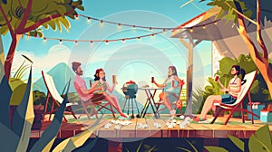 Modern cartoon illustration of a backyard with green trees and cooking grill on a terrace with a man, a girl, and a beer