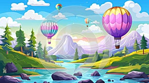 Modern cartoon illustration of a beautiful natural landscape with pine forest on rocky hills, an aerostat above the
