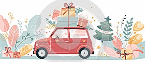 Modern cartoon illustration of a classic red car carrying boxes of presents and a Christmas tree at the top. Vehicle is