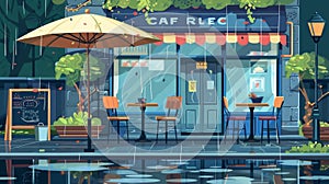 This modern cartoon illustration depicts a city street cafe on a rainy day. The cafeteria facade has furniture outside