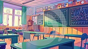 This modern cartoon illustration depicts an empty classroom interior for mathematics, geometry, and algebra learning in