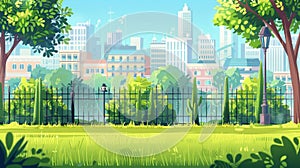 This modern cartoon illustration depicts a summer landscape of a park with grass, trees, and city houses behind a metal