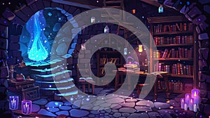 This modern cartoon illustration depicts a witch or wizard alchemical laboratory with magic books and potions glowing at
