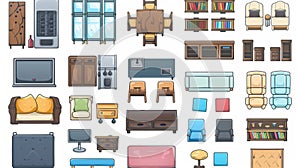 Modern cartoon illustration of furniture top view in kitchen, dining and living rooms in a house or hotel. Table, stove