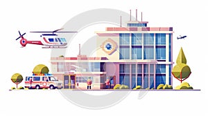 Modern cartoon illustration of a hospital building, ambulance car, emergency rescue helicopter, and ambulance service