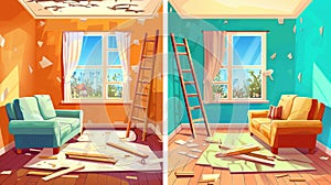 Modern cartoon illustration of a house living room under renovation and after repair with ladders, construction