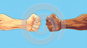 A modern cartoon illustration of human arms playing in a game of Rock, Paper, Scissors isolated on blue background