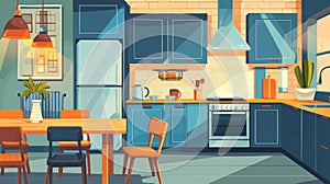 Modern cartoon illustration of a kitchen interior with a dining table, a counter, a fridge, a stove and cabinetry. An