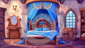 Modern cartoon illustration of medieval castle room adorned with large wooden bed decorated with blue canopy and bows
