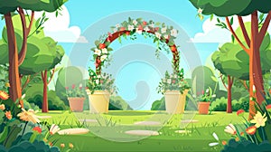 Modern cartoon illustration of an outdoor wedding reception with a floral arch, flowers in pots, green trees and grass.