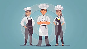 Modern cartoon illustration of a restaurant chef, cook, waiter, and cafe staff in apron and chief hat.
