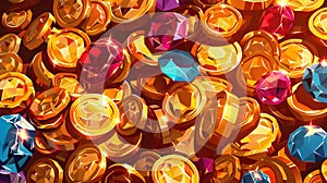 This modern cartoon illustration shows heaps of gold coins and gem stones with shiny blue crystals and rubies. It's
