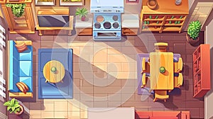 This modern cartoon illustration shows lounge and kitchen in a studio apartment or hotel. It contains tables, chairs, a
