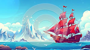 This modern cartoon illustration shows a wooden boat with red sails floating in the sea, rocky mountains with glaciers