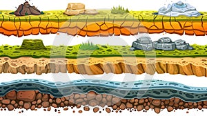 Modern cartoon illustration of soil underground layers, green valley, rocky surface with water in cracks, sandy desert