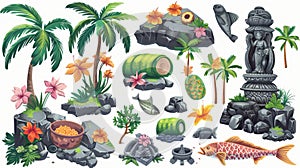 A modern cartoon illustration of South Korean island palm trees, flowers, fish roll dish, traditional stone statues, and