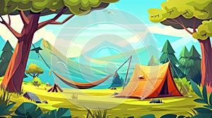 Modern cartoon illustration of a summer mountain camp with a tent and hammock on a tree with tourist camping equipment