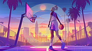 In this modern cartoon illustration, a tall young woman is playing basketball on a street court, dribbling the ball near