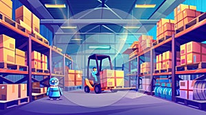 In this modern cartoon illustration, there are a worker in a forklift, a man and an autonomous robot holding cardboard