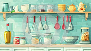 Modern cartoon illustration of the wall shelf of the kitchen with utensils, seasoning jars, salt, pepper, sugar, oatmeal